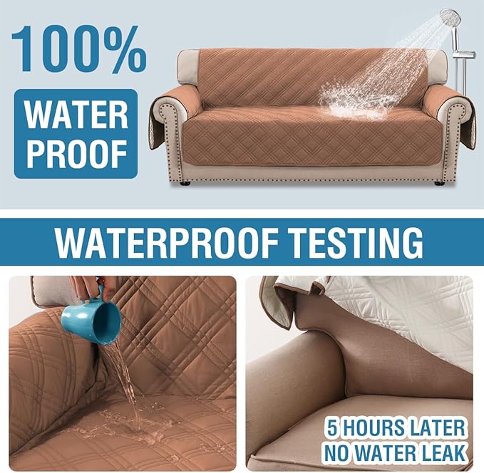 H.VERSAILTEX 100% Waterproof Sofa Covers for 3 Cushion Couch Modern Sofa Cover for Dogs XL Couch Covers for Oversized Sofa with Elastic Straps (Oversized Sofa, Terracotta/Beige)