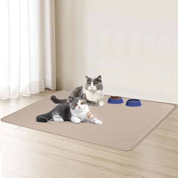 Bartuke Cat Food Mat, 34" x 22" Large Silicone Pet Feeding Mat for Food and Water Bowls Non-Slip, Easy to Clean (Beige)