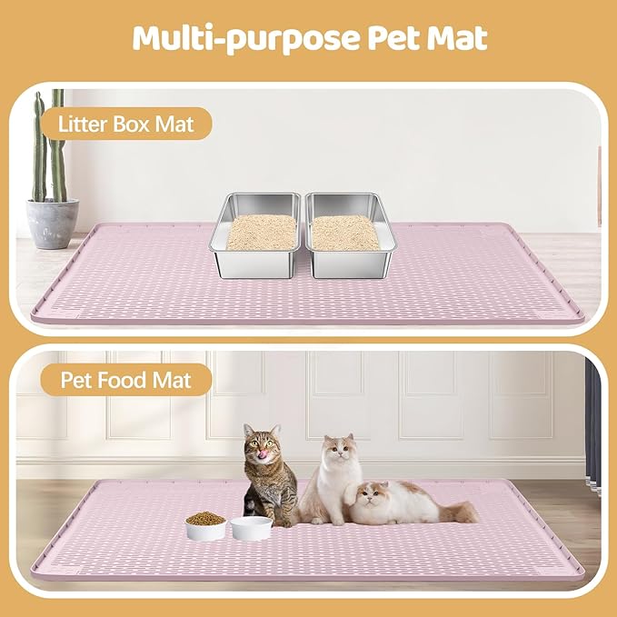 Bartuke Cat Litter Mat, XXL Extra Large 50" x 35" Silicone Mat Litter Trapping Mat for Scatter Control, Soft on Kitty Paws, Easy to Clean (Pink)