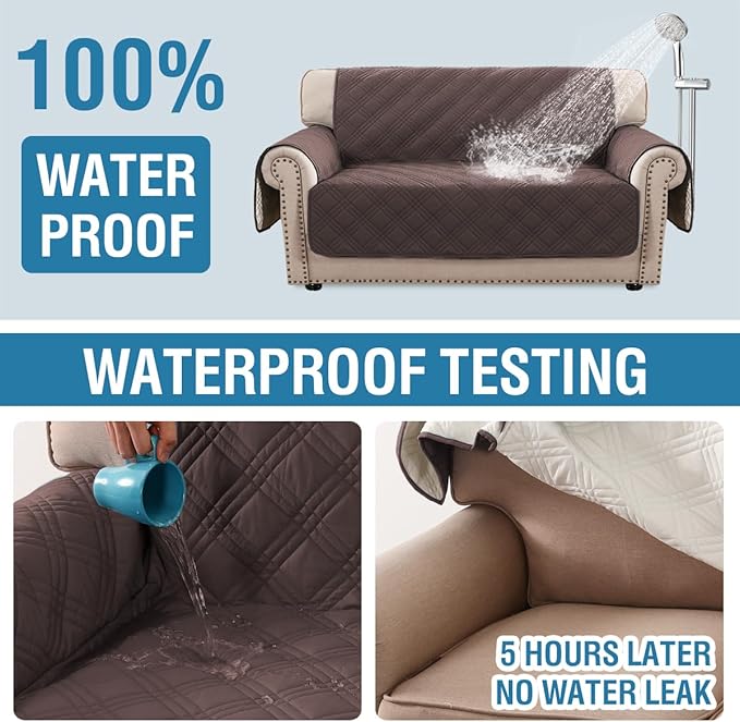 H.VERSAILTEX 100% Waterproof Couch Cover 2 Cushion Sofa Modern Sofa Covers Waterproof and Washable Thick Soft Couch Cover for Pets with Elastic Straps(Loveseat,Chocolate/Beige)