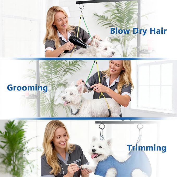 Dog Grooming Table Arm with Clamp (33"-43") | Extendable, Foldable Stand & Restraint with Grooming Hammock, No-Sit Rope, Tray & Bag | for Small/Medium Dogs at Home & Salon