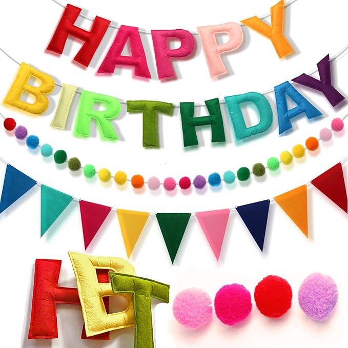 Pre-Strung Happy Birthday Banner, Felt Ball Garland HAPPY BIRTHDAY Garland, Rainbow Decorations Decor Party Pennant, Multicolor Bunting String Triangle Flags Bulk Rainbow Bunting