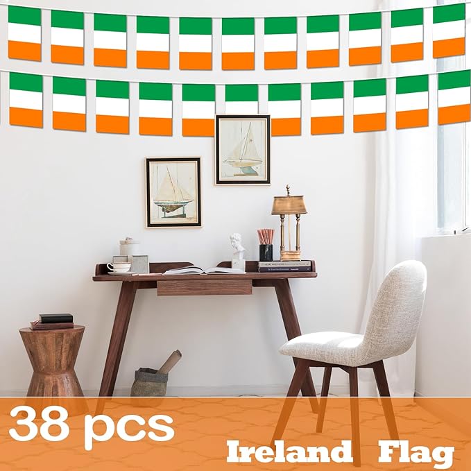 Ireland String Flag Pennant Banner - 38 Flags, 42 Feet Small Mini Irish Flags Bunting Banner for Country Decoration, School, Party, Sports Events, St. Patrick's Day