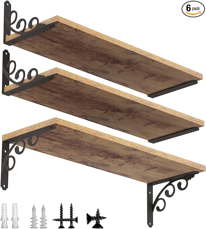 L Shelf Brackets for 5.5" 6" 7" Board, Floating Shelf Bracket Heavy Duty Metal Shelving Brackets for Shelves, Decorative Iron Rustic Wall Brackets for DIY Floating Shelf, 6 Pack Black