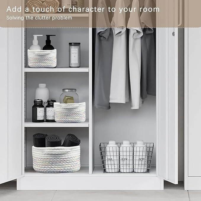 5-Piece Woven Rope Storage Basket Set - Sturdy Cotton Organizer Bins for Shelves, Pantry, Bathroom, Nursery & Bedroom Decor (MUTIL)