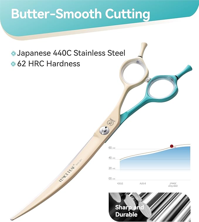 Fenice Peak Curved Dog Grooming Scissors with Coating 440C Stainless Steel, 7 inch Professional Curved Shears Dog Grooming，25 Degree of Curved Blade，Pet Shear for Trimming Face and Paws, Green & White