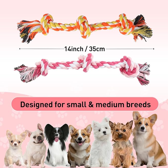 SZEE Dog Rope Toy 2 Pack, Rope Toys for Dogs, Chew Ropes for Small Breeds Puppies, Pull Toy for Tug of War, Energy Release, Boredom Relief and Teeth Cleaning, 3 Knots 14 inches (Pink & Orange)