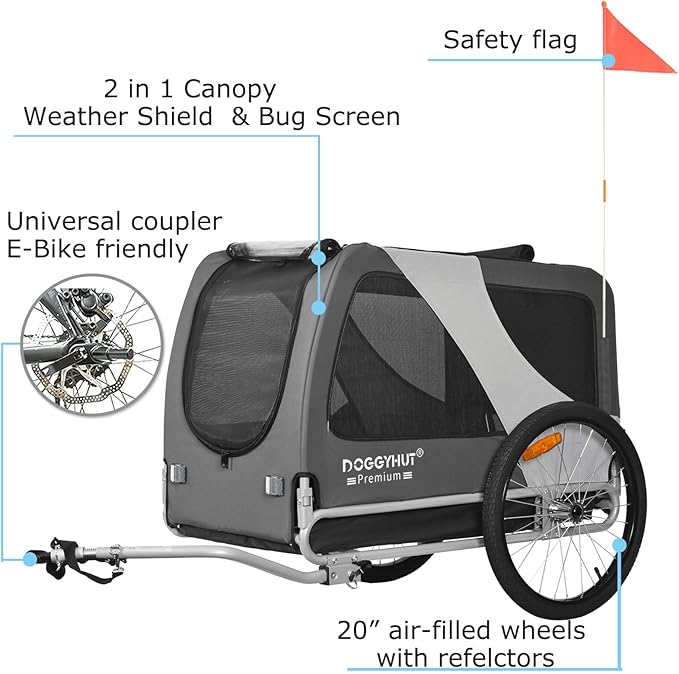 DOGGYHUT® Premium XL Pet Bike Trailer for Large Dog or Multiple Small Dogs, Up to 100 lbs,Dog Bicycle Carrier,Low Center of Gravity,Easy Folding Frame Cart