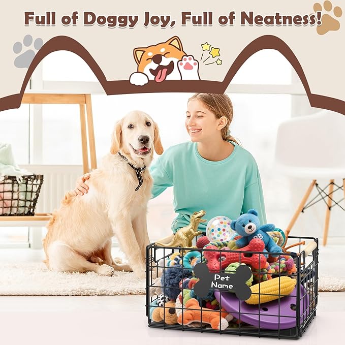 Dog Toy Basket, Chew-Proof Metal Dog Toy Bin with Handles, Pet Stuff Storage Organizer Box for Dogs with Marker Pen, Portable & Foldable Puppy Toys Basket for Living Room, 15''×10.63''×8.27''