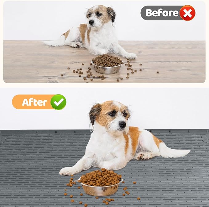Dog Food Mat, Extra Large 50" x 35" Silicone Pet Feeding Mat with Raised Edge Pet Placemat for Small, Medium, and Large Pets Non-Slip, Easy to Clean (Dark Grey)