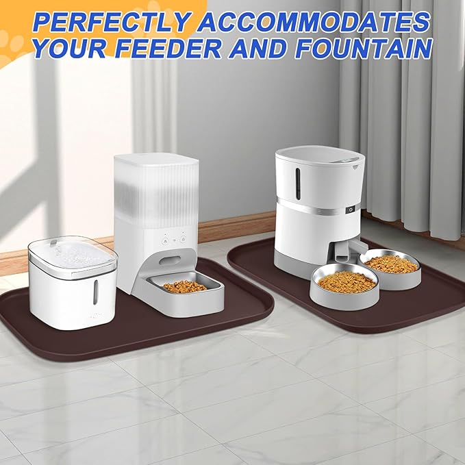 Silicone Pet Feeding Mat with Raised Edge for Food and Water, Dog Bowl Mats, Cat Bowls Placemat with High Lip for Floor Waterproof, Rubber Tray for Cats and Dogs 24 x 16 x0.8 Dark Brown