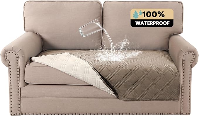 PrinceDeco Waterproof Sofa Bed Cover Washable，Thick Loveseat Couch Covers for 2 Cushion Couch Sofa Pet Friendly, Pet Couch Covers Furniture Protector for Dogs Cats ((Taupe,40x48 Inch)