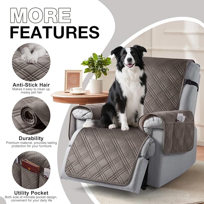 TAOCOCO 100% Waterproof Recliner Chair Cover, Velvet Recliner Covers for Recliner Chair with Pocket, Non Slip Reclining Chair Cover Furniture Protector for Kids, Pets(30'', Chocolate)