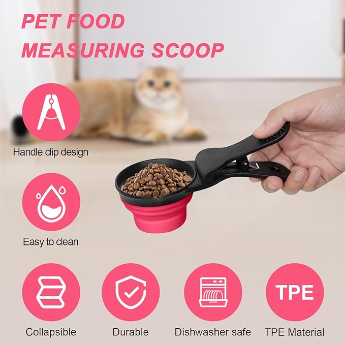 PNEUICALLY Collapsible Dog Food Scoop Foldable Pet Food Bag Clip 3 in 1 Multi-function Silicone Cat Food Measuring Cup Scoop Dog Food Scooper Pet Food Storage Clip (Rose Red, 1/2 Cup Capacity(1 Pack))