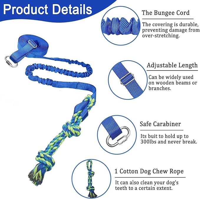 SYOOY Dog Bungee Tug Toy Hanging from Tree,Outdoor Tug of War Interactive Tether Dog Rope with Chew Lure for Small Medium Large Dogs (Blue)