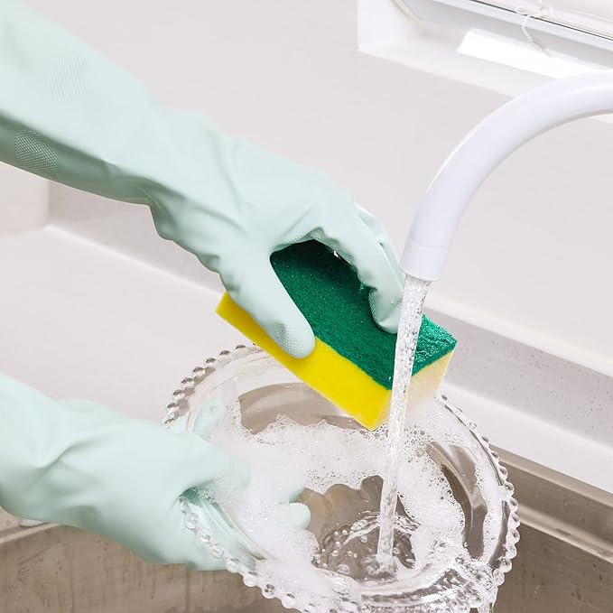 COOLJOB Medium Reusable Rubber Dishwashing Cleaning Gloves for Kitchen Bathroom, Non-Slip Grippy Long Dish Washing Gloves with Flocked Cotton Liner, Flexible Durable & Waterproof, Mint Green, 1 Pair