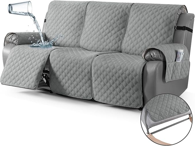 TAOCOCO 100% Waterproof Recliner Couch Covers, Recliner Sofa Covers with Leg Straps, 1-Piece Washable Reclining Sofa Cover with Pocket Couch Protector for Pets Kids(3 Seater, Light Gray)
