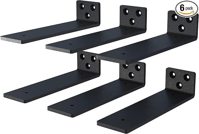 6-Pack 12 Inch Floating Shelf Brackets, Heavy Duty Hidden Shelves Bracket for Small Shelf, Kitchen Shelf, Nursery Shelf, Black Powder Coated Steel