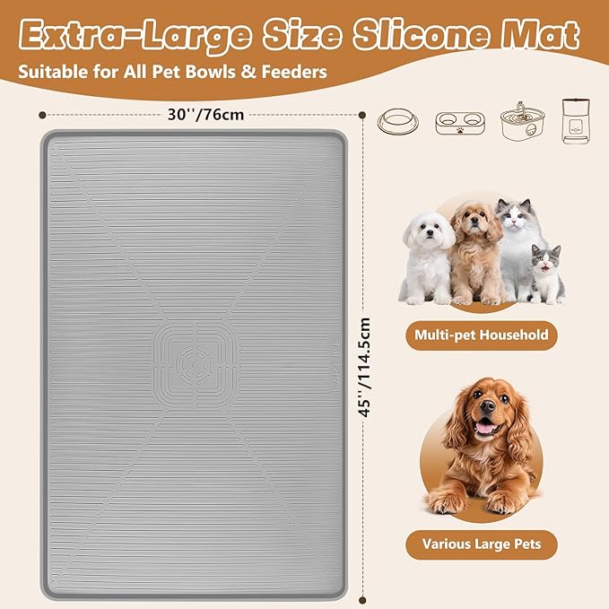 Lorvain Dog Food Mat, 45" x 30" Silicone Pet Feeding Mat with Raised Edges, Extra Large Pet Placemat for Dog Cat Food and Water Bowl Non-Slip, Easy to Clean, Waterproof & Floor Protection, Grey