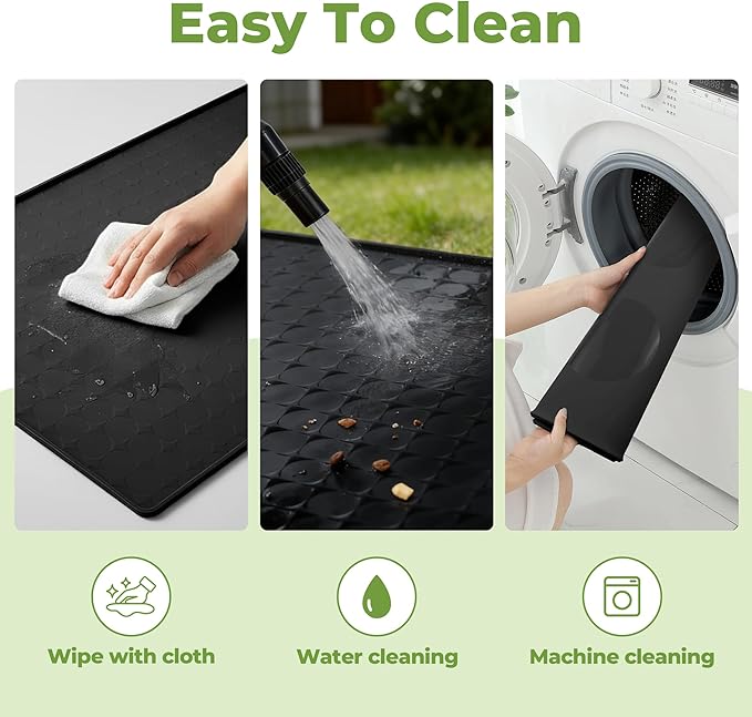 Extra Large 34x22 Inch Machine Washable Silicone Pet Food Mat - Waterproof Dog & Cat Bowl Mat with Raised Edge, Non-Slip Floor Protector for Large Dogs, Multi-Pet Homes (Black)