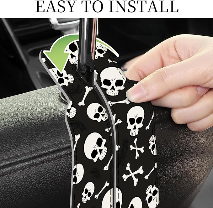 PU Leather Car Seat Hook, Storage Headrest Hanger, Cute Car Backseat Organizer, Car Hooks For Purses and Bags White Skull Black