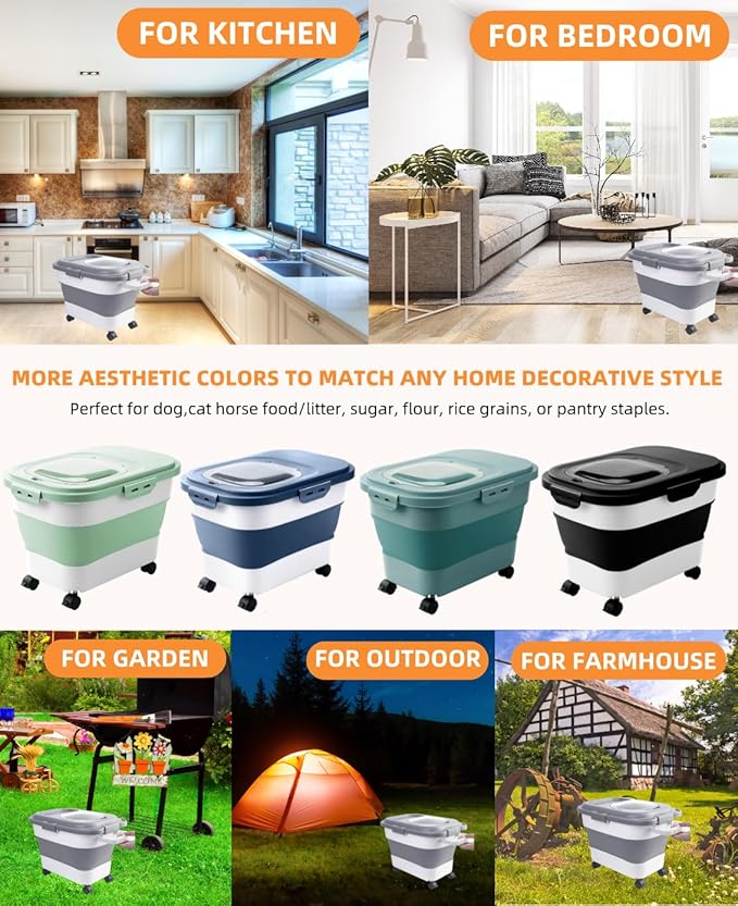 DDMOMMY 15-23 Lbs Dog Food Storage Container, Collapsible Dog Food Container with Airtight Lid, Wheels, Handle, Large Cat Food Storage Container with Scoop, Dog Bowl for Dog Cat