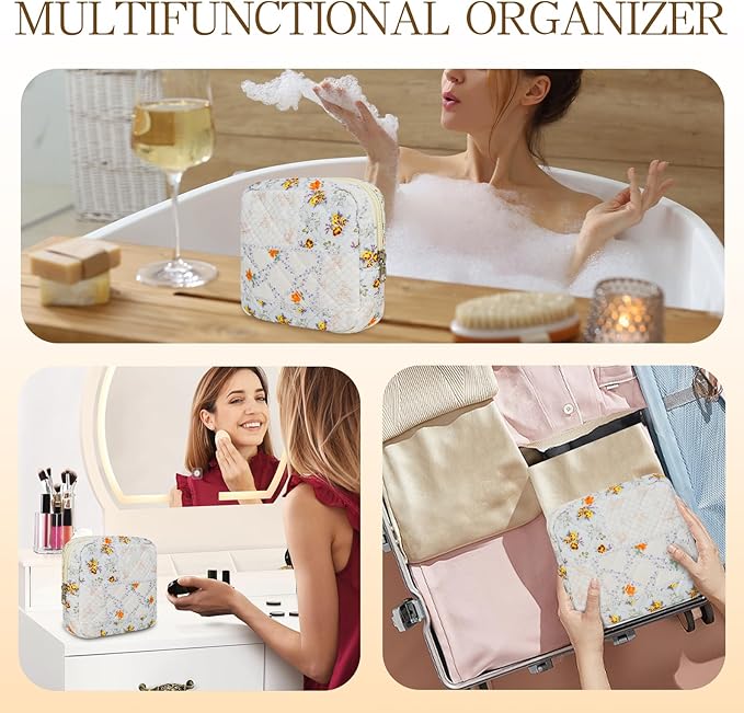 Small Floral Quilted Makeup Bag, Coquette Aesthetic Travel Toiletry Organizer for Women, Lightweight Cotton Cosmetic Pouch
