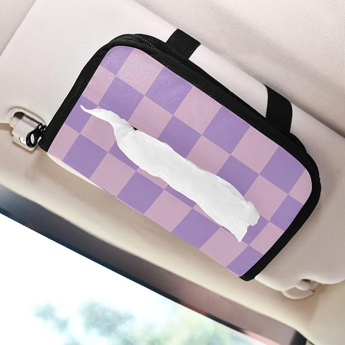 Car Tissue Holder Car Napkin Holder Car Tissue Box Dispenser Storage Case Sun Visor Mask Holder with Adjustable Straps Reusable Refillable Checkered Purple