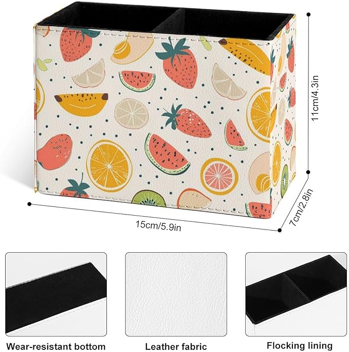 Famame Fruits Orange Strawberry Pencil Holder for Desk, Leather Desktop Container Pen Cup Storage Study Table Pen Organizer Makeup Brush Holder for Classroom Office Home