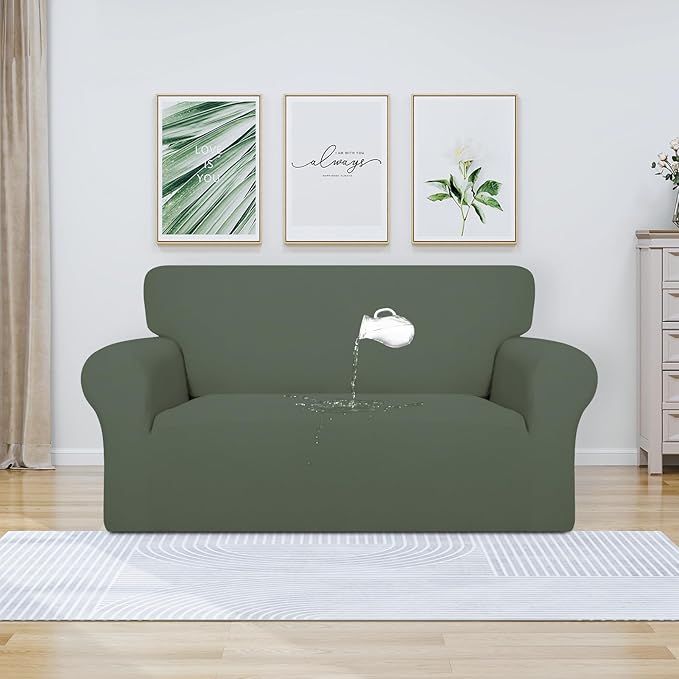 PureFit 100% Dual Waterproof Couch Cover Slipcovers for Couches and Sofas - Stretch Non Slip Fleece Sofa Covers Washable, Leakproof Furniture Protector for Kids, Pets, Dog (Loveseat, Greyish Green)