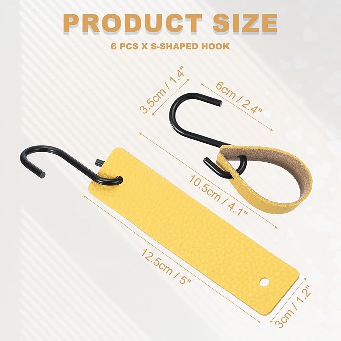 uxcell 6 Pcs PU Leather S Hooks, Multifunctional S Shaped Hooks for Hanging Coat Towel Camping Kitchen Bathroom Handle, Yellow