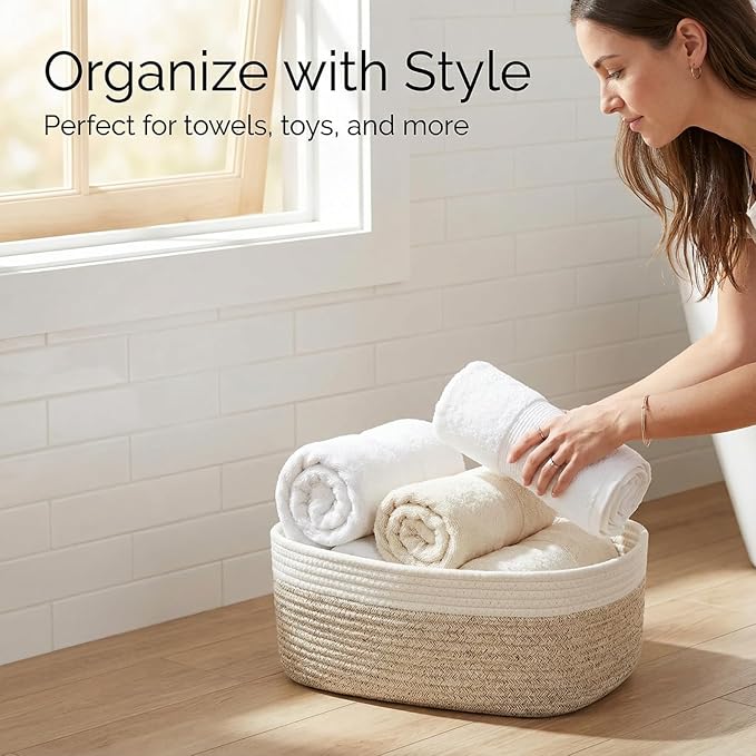 4-Piece Storage Shelf Basket Set, Natural Cotton Rope Woven Basket with Handle, Decorative Rectangle Organizer Bin for Home, Nursery, Montessori, Pet Toy Storage and Bathroom Organization, White&Brown