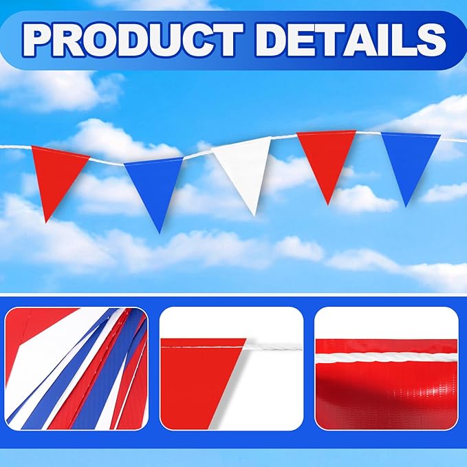 102FT High-Density 60 Pcs Triangle Pennant Banner Flags – Durable Safety & Event Marking Sign for Industrial and Outdoor Use (RED+WHITE+BLUE (102ft,60pcs))