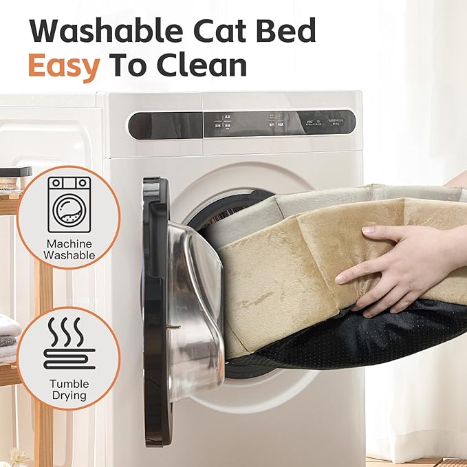 PJYuCien Cat Bed Kitten Bed, Washable Round Cat Beds for Indoor Cats, Super Soft Faux Rabbit Fur Small Bed for Puppy and Kitten, Fluffy Inner Mat Filling Memory Foam with Anti-Slip Bottom (Khaki)