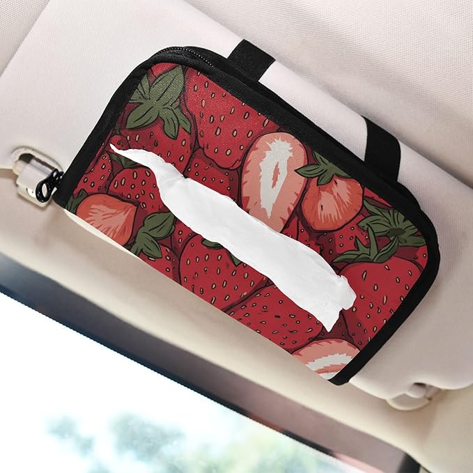 Car Tissue Holder Car Napkin Holder Car Tissue Box Dispenser Storage Case Sun Visor Mask Holder with Adjustable Straps Reusable Refillable Cartoon Red Strawberry