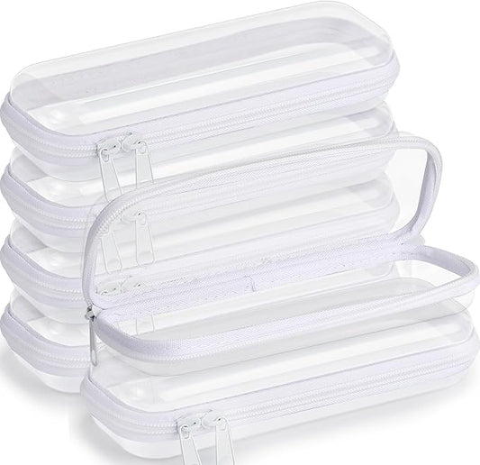 Sanwuta 6 Pcs Clear Hard Zipper Case Plastic Zipper Pouches Transparent Makeup Bag Pencil Case Pouches Toiletry Diaper Bag for Travel Toy Storage Organizer Bins(White,7.87 x 2.56 x 1.57 Inch)