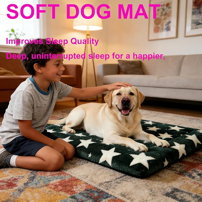Fogkiss Dog Bed Mat, Reversible Crate Pad & Durable Dog Bed - Machine Washable Kennel Mat with Ultra Soft for Large Dogs (Big&Small Stars Green, 35" L*23" W*1.5" Th)