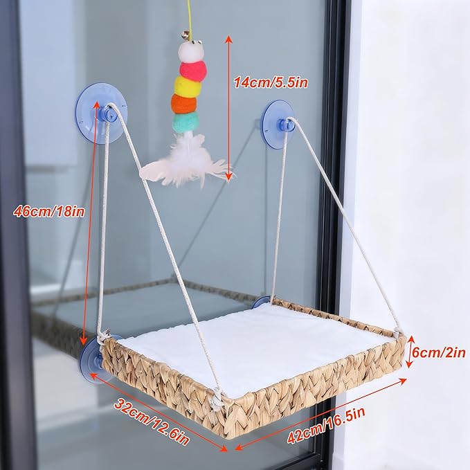 Cakhdry Cat Window Perch with Industrial-Grade Suction Cups and Ball Toy, Cat Window Hammock - 45 lbs Capacity, Handwoven Straw Sturdy Hanging Bed Seat Soft Cushion for Large Heavy Cats