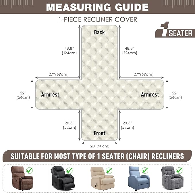 TAOCOCO 100% Waterproof Recliner Chair Cover, Small Recliner Covers for Recliner Chair with Pocket, Non Slip Reclining Chair Cover Furniture Protector for Kids, Pets(20'', Taupe)