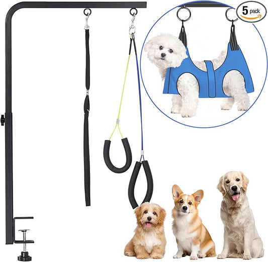 Dog Grooming Arm, Adjustable Pet Grooming Arm with Clamp for Small and Medium Dogs,Grooming Loop and No Sit Haunch Holder (Black, 29" H Arm + Heavy Duty Clamp + Hammock)