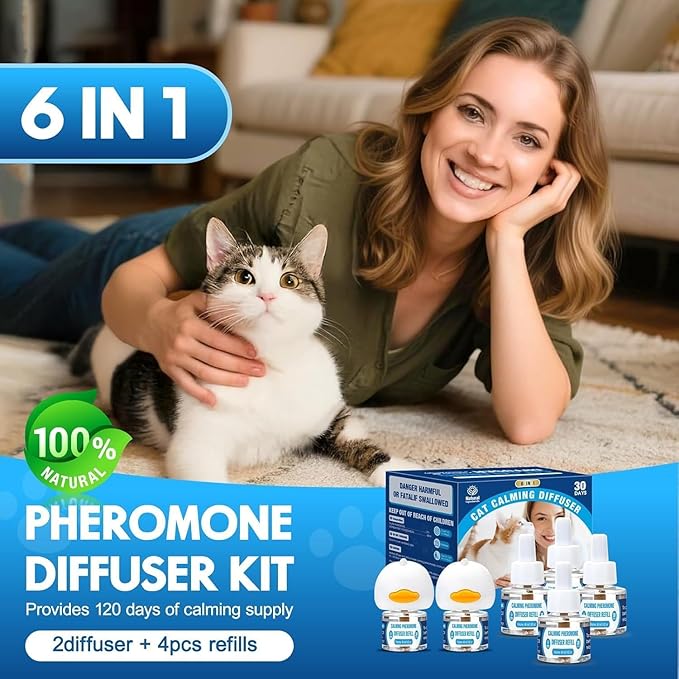 Cat Calming Pheromones Diffuser: 6-in-1 Kit Cat Appeasing Pheromone Diffuser to Calm (2 Plugin+4x48ml Refills) for Comfort Reduces Stress Anxiety, Long-Lasting Appeasing Pheromone for Pet Cat (6in1)