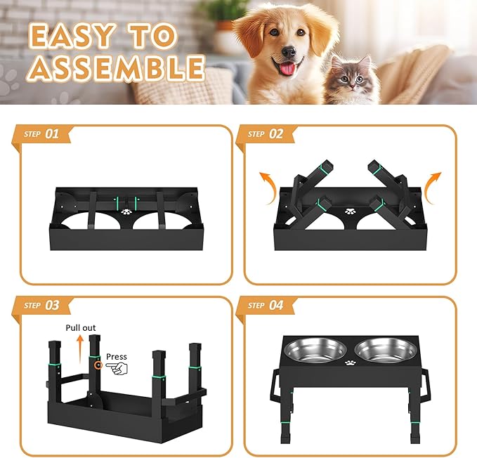 Metal Elevated Dog Bowls Stand Large Breed, Height Adjustable Raised Dog Bowls Holder with 2 Stainless Steel Food Bowls for Small, Medium and Large Canine