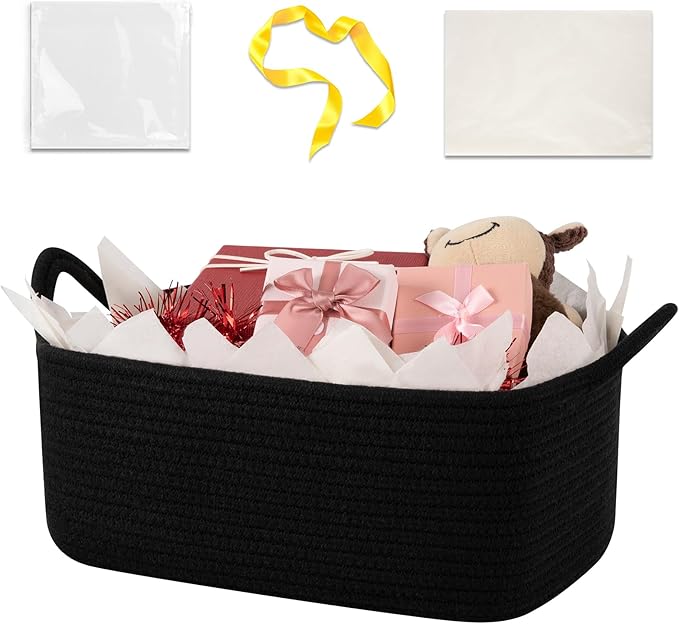 OIASKET Basket for Gifts Empty, Woven Storage Basket with Gift Bag, Ribbon and Wrap Tissue Paper, Small Rope Toy Storage with Handles for Baby Shower, Dog Toy Organizer, 13.6" x 10" x 5.9”
