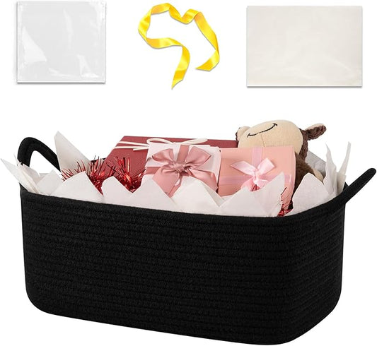 OIASKET Basket for Gifts Empty, Woven Storage Basket with Gift Bag, Ribbon and Wrap Tissue Paper, Small Rope Toy Storage with Handles for Baby Shower, Dog Toy Organizer, 13.6" x 10" x 5.9”