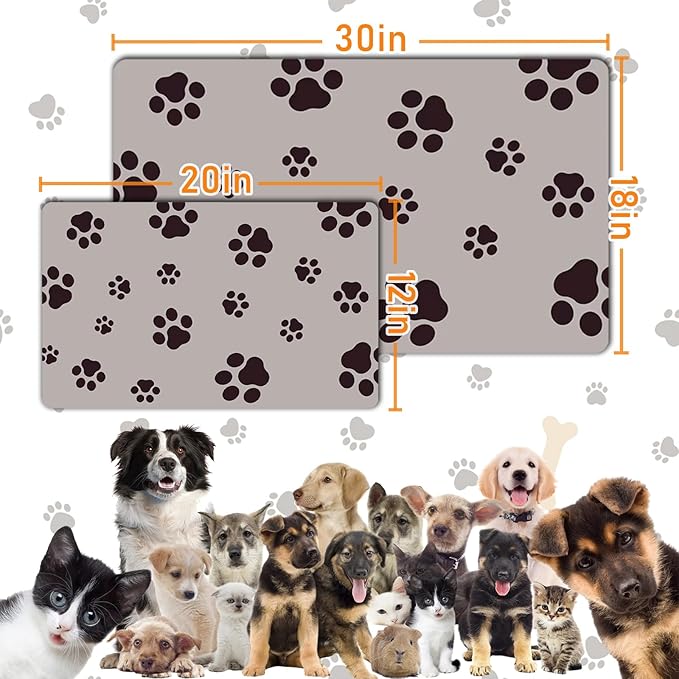 18"×30" Dog Food Mat-Absorbent Dog Mat for Food and Water, No Stains Quick Dry Cat Food Bowl Mat with Footprints for Messy Drinkers,Brown