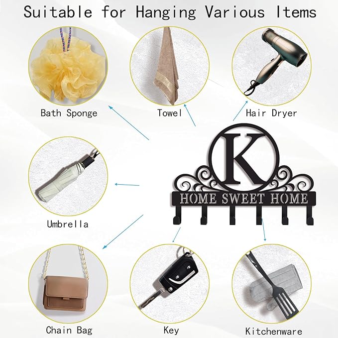 Metal Letter k Key Holder for Wall, Monogram Coat Rack Wall Mount, Key Hooks Perfect for Bathroom, Living Room, Kitchen, Office Ideal Wedding, Anniversary, Housewarming Gift (K)