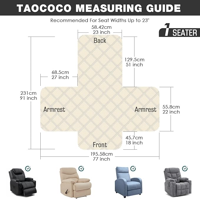 TAOCOCO 100% Waterproof Recliner Chair Cover Non-Slip Reclining Cover for Recliner Chair Washable Chair Seat Cover with Elastic Straps for Pets Sofa Slipcover with Pocket (Small 23'', Smoke Gray)
