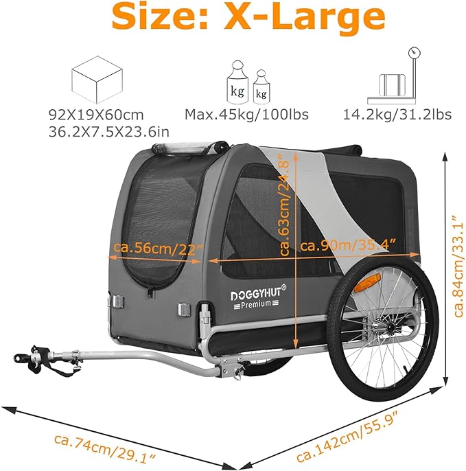 DOGGYHUT® Premium XL Pet Bike Trailer for Large Dog or Multiple Small Dogs, Up to 100 lbs,Dog Bicycle Carrier,Low Center of Gravity,Easy Folding Frame Cart