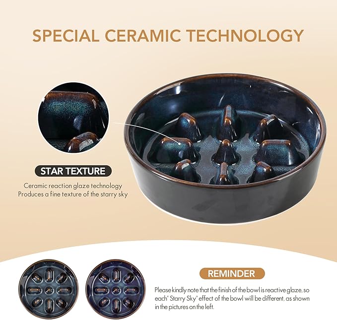 Ceramic 1.2 Cup Dog Bowl Slow Feeder, 7.3 inch Slow Pet Food Dish for Medium and Small Dog, Stop Bloat, Preventing Choking(Single Bowl, Starry Sky)