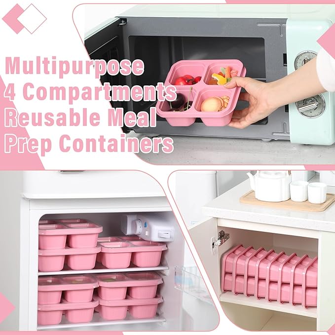 12 Pcs 4 Divided Compartments Snack Containers Bento Wheat Straw Snack Box with Lid Reusable Meal Prep Lunch Box Food Storage Containers for Adults Christmas Travel Work Gifts(Pink)